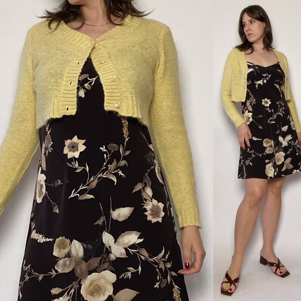 Vintage 1990s Butter Yellow Fuzzy MOHAIR Shrug, Cropped Cardigan Small to Medium